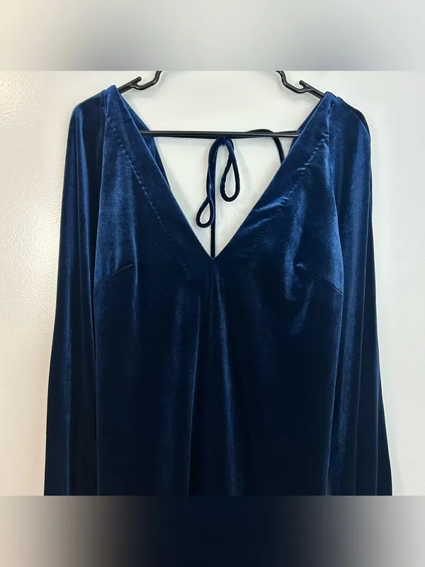 Free People Blue Velvet V-neck Long Balloon Sleeve Shift A-line Mini Dress Small - Image 4