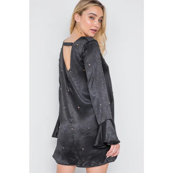 Love Riche Rhinestone Long Bell Sleeve Back Cut Out Mini Dress in Black - Image 4