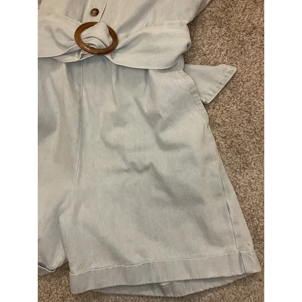 VICI Belted Chambray Cotton Romper Button Front Collared Light Blue Women's, S - Image 4