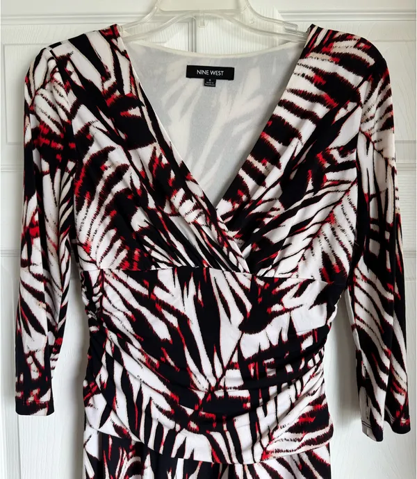 Nine West Tropical Palm Print Black White Red Stretch Dress Size 6 - Image 3