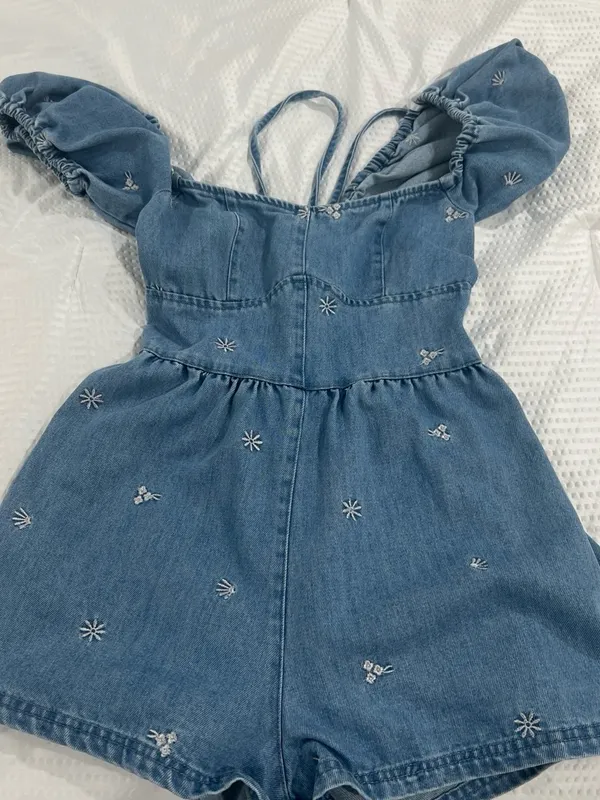 Lulus Embroidered Denim Romper Puff Sleeve Cottagecore Light Wash - Image 3