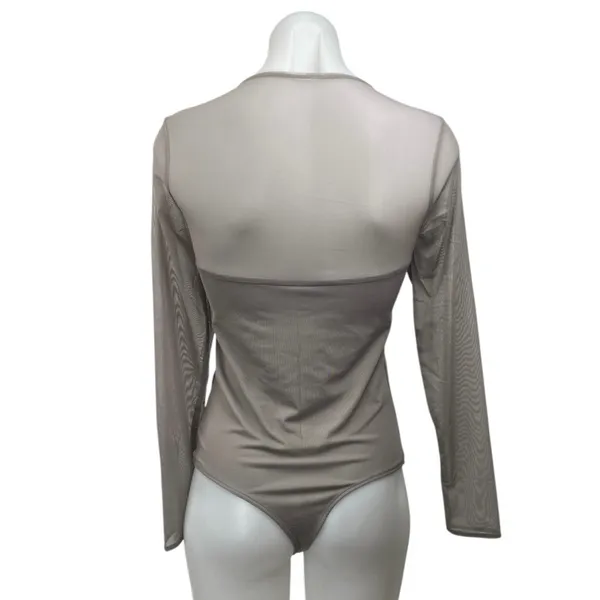 NEW Abercrombie & Fitch Tan Mesh Long Sleeve Square Neck Corset Bodysuit Top M - Image 2