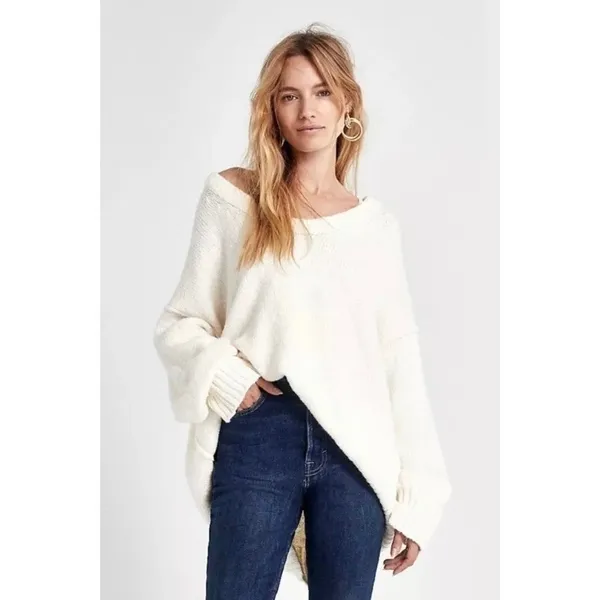 FREE PEOPLE‎ Brookside Tunic Sweater Ivory Slouchy Solid Knitwear Scoop Large - Image 4