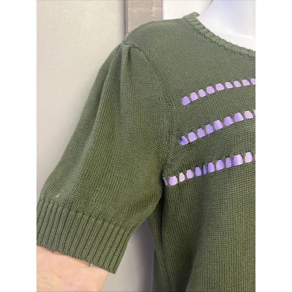 ModCloth Olive Green Knit Puff Short Sleeve Sweater Light Purple Ribbon- Medium - Image 2