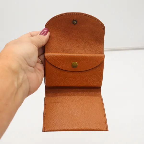 Fossil Tan Pebbled Leather Trifold Compact Wallet with Coin Pouch Brass Snap - Image 4