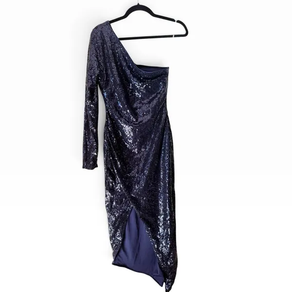 NWT Lulus Deja Vu One Shoulder Sequin Dress Navy Blue Size Small - Image 2