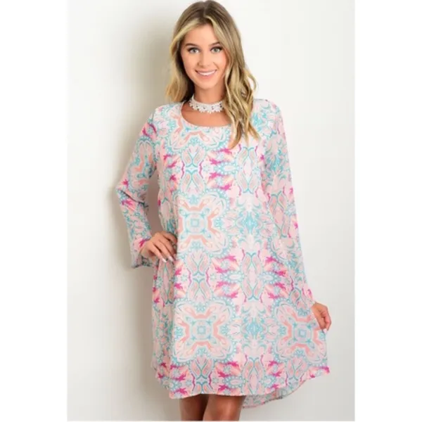 LAST Peach & Teal Multi Pattern Key Hole Dress Pink - Image 4