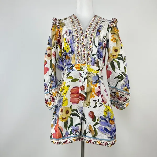 NWOT Farm Rio Greek Garden Long Sleeve Plunge Neck Cotton Romper Size XS - Image 4