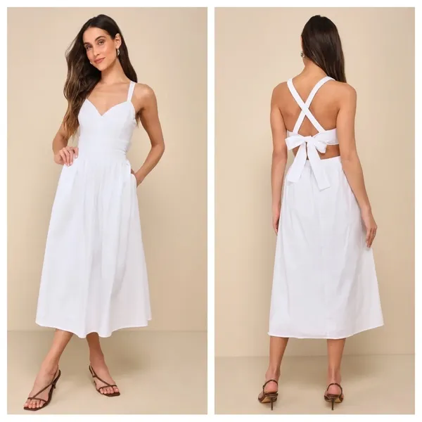 Lulus Strolling Sicily White Pleated Backless Midi Dress With Pockets - Image 2