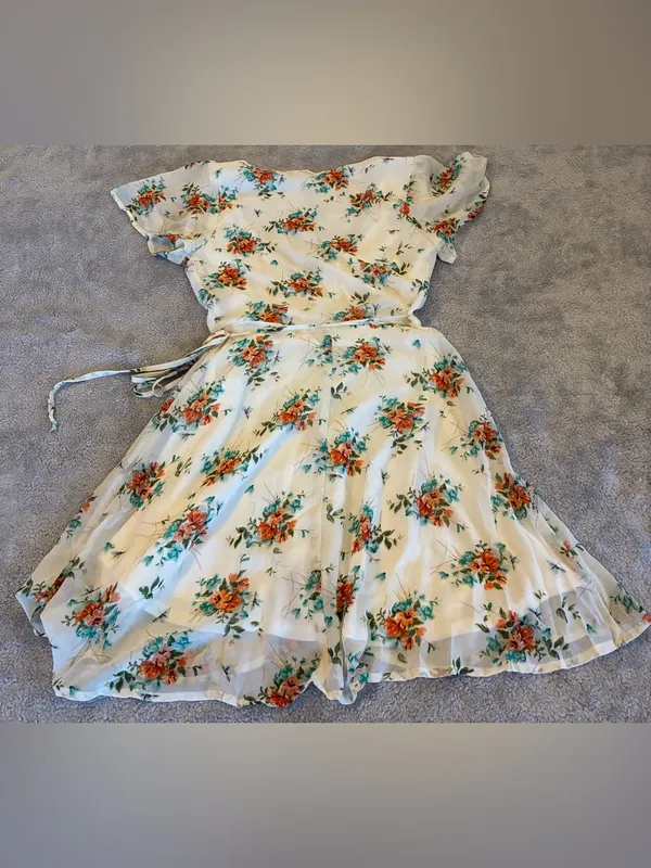 Women’s Altar’d State Floral Wrap Midi Dress in Ivory with Orange Blooms Size XS - Image 11