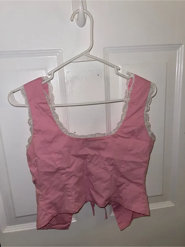 Cotton Candy LA Romantic Lace-Trim Pink Tie-Front Crop Top - Size Small - Image 2