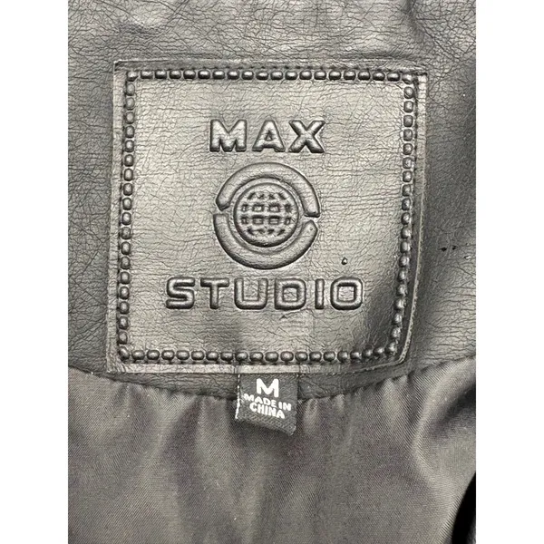 Max Studio Moto Jacket Women M Black Faux Leather Biker Asymmetric Zip Edgy - Image 7