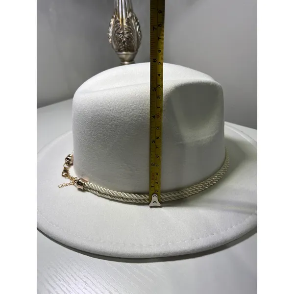 White Wide Brim Fedora Hat Rose Gold Chain Link Rope‎ Band Cotton Blend - Image 8