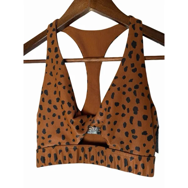 Beach Riot Twist Front Spotted Sports Bra Brown Black Ribbed Animal Print XS - Image 5