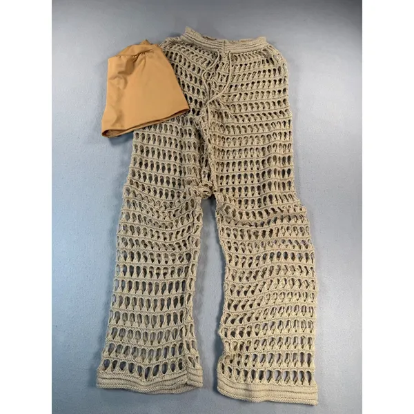 Boho Beach Beige Tan Crochet Knit Wide Leg Pants with Liner Shorts Small - Image 2