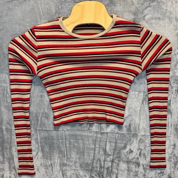 2274 | Brandy Melville Santana Striped Ribbed Crop Top Red Tan Long Sleeve OS - Image 2