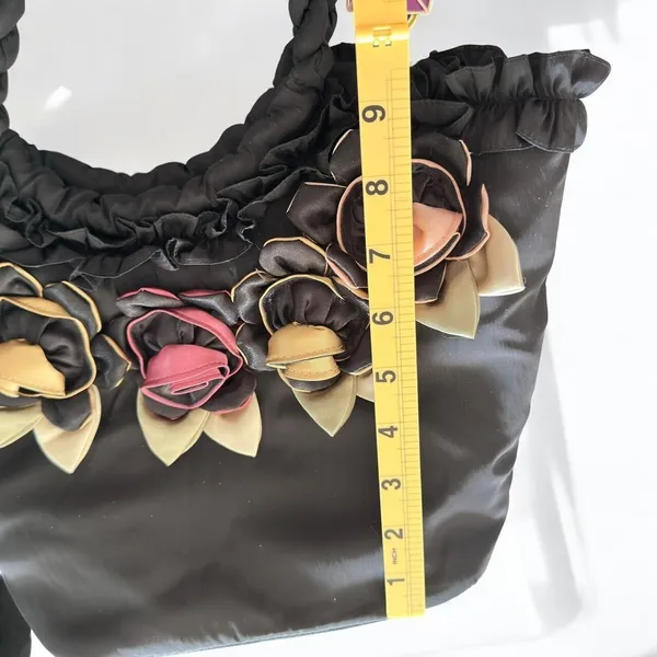 Pashmina Fabric Handbag‎ Embellished with Fabric Flowers and Ruffled Trim - Image 8