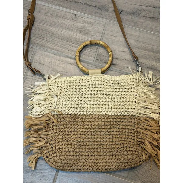 Boho Straw Crossbody Bag Bamboo‎ Handle Fringe Tote Beach Purse Two Tone Chic - Image 2
