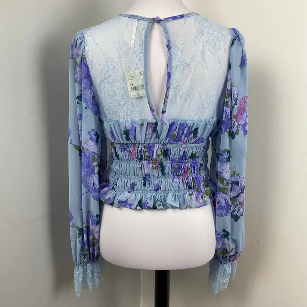 Free People Daphne Sliver Blue Floral Boho Smocked Lace Blouse Medium NWT $128 - Image 7