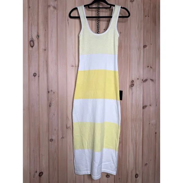 NWT Lulus Easily Gorgeous Ivory & Yellow Striped Midi Sweater Dress Casual Sz S - Image 2