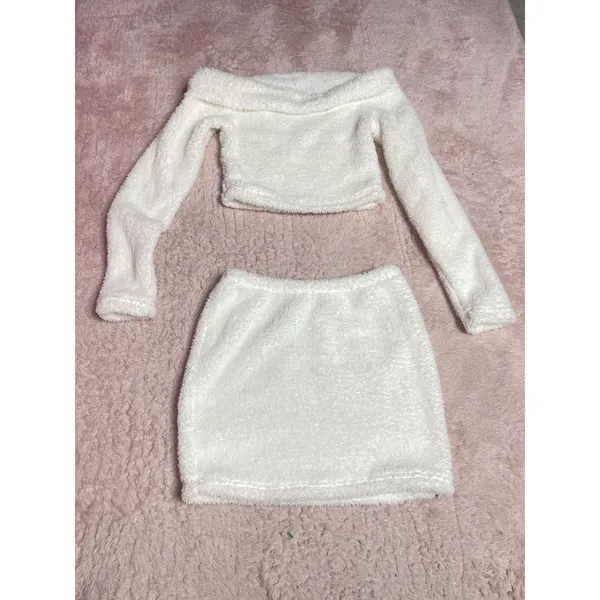 Hot 2Pcs Women Plush‎ Faux Fur Tops Short Warm Blouse Skirt Suit Size M Bin12 - Image 2