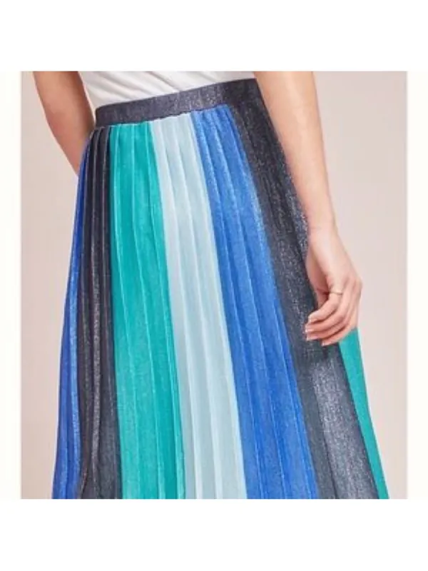 Maeve Anthropologie Sunburst Metallic Blue Pleated Midi Skirt Paneled Patchwork - Image 8