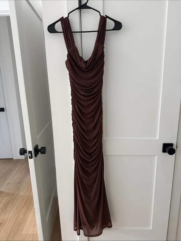Ruched Cowl Neck Maxi Dress in Chocolate Brown - Image 2