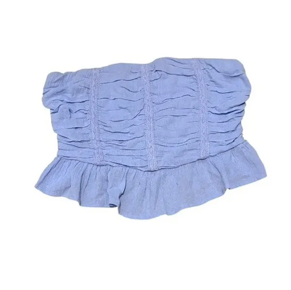 Free People Fun In The Sun Strapless Blue Cropped Peplum Ruched Tube Top XL - Image 2