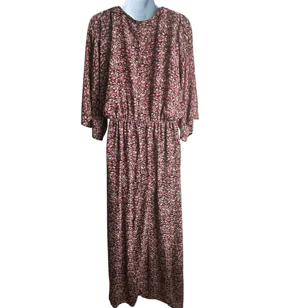Entro Maxi Dress Sz L Floral Drop Waist Flowy V-Neck Burgundy Red Ditsy - Image 2