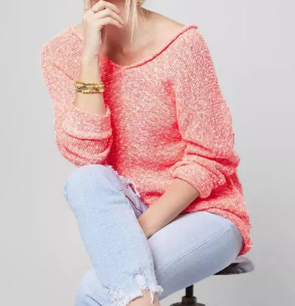 Free People Sweater Chunky Neon Pink Slouchy Dolman Open Knit, Size Small - Image 2