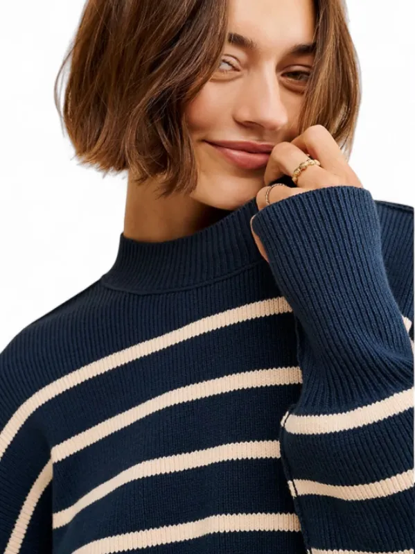 Free People Easy Street Navy and Cream Stripe Crop Pullover Sweater Size L - Image 2