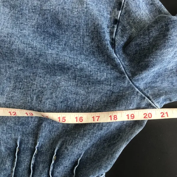 Redial Denim Dress Women Large Blue Good Acid Wash Long Puff Sleeve Mini Belted - Image 7