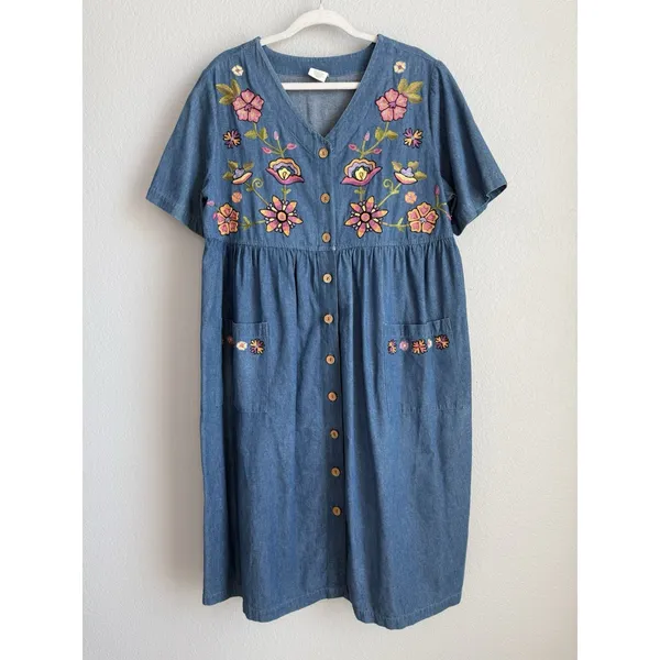 Vintage Embroidered Denim Dress Bechamel Button Front Cottagecore Grandma Core L - Image 3