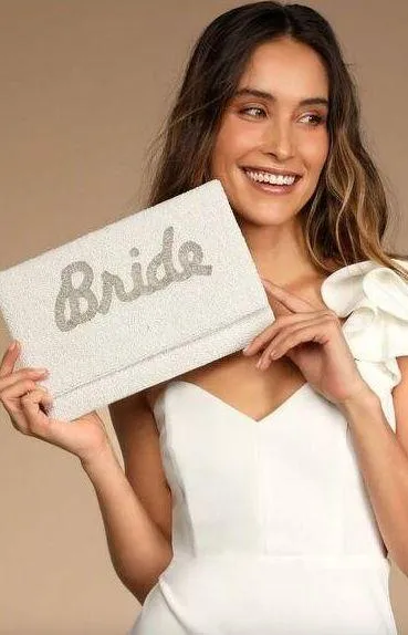 Lulus Bride Beaded Clutch Crossbody Bag White Silver - Image 2