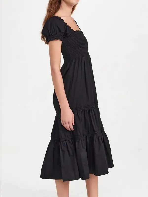 OPT Daphne Square Neck Smocked Dress Puff Sleeves Midi Black 100% Cotton Large - Image 2