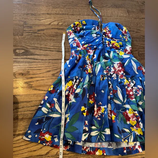 Anthropologie Emily Halter Mini Dress Small Floral Cut Out Ruched Open Back Blue - Image 6
