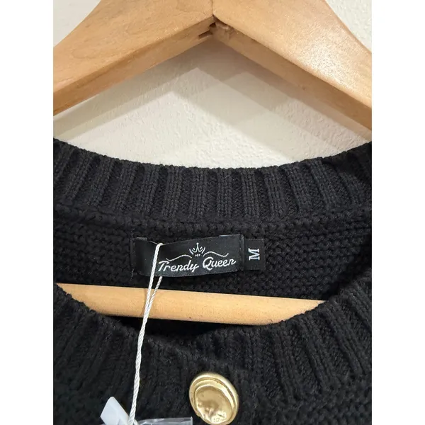 Trendy Queen Black Knit Button Down Sweater Vest Gold Buttons Preppy Medium - Image 4