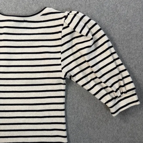 EXPRESS Women's X-Small Striped Ribbed Knit Puff Sleeve Top Cream Black Blouse - Image 11