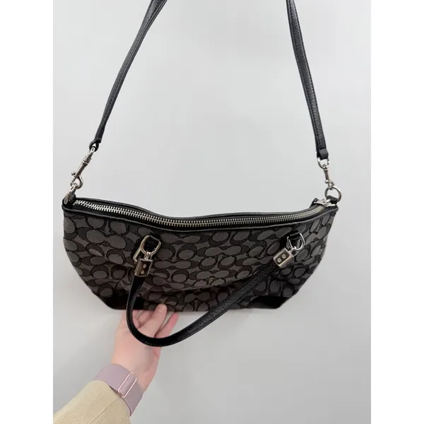 Coach Kelsey Satchel‎ Crossbody Bag Black Signature Canvas Shoulder Purse - Image 7