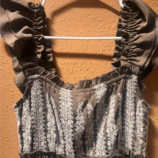 Boho Embroidered Ruffle Strap Tiered Maxi Dress Olive Brown Smocked Back Women - Image 2