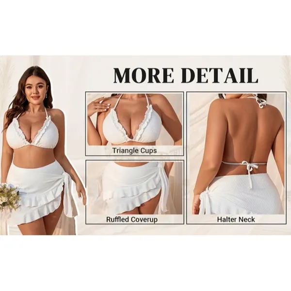 Boutique Black 3 Piece Plus Size 1XL Lettuce Trim Bikini Halter Triangle Swimsuit w/ Wrap - Image 7
