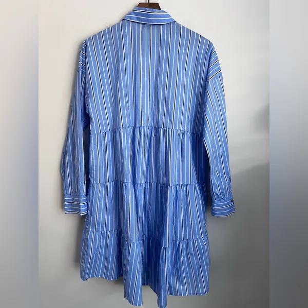 Tuckernuck Pomander Place Shades of Blue Stripe Tiered Cara Dress long sleeve S - Image 3