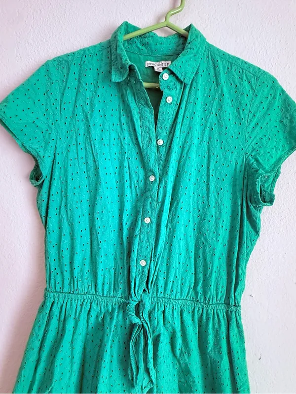 J. Crew Mercantile 100% Cotton Eyelet Collared Tie-Front Dress Size Med - Image 3