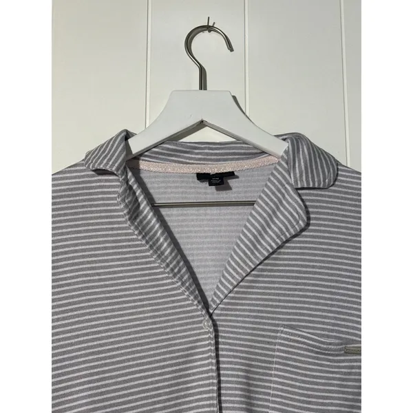 Tahari Womens M Pajama Set Gray White Stripe Button Front Top Pants 2 Piece - Image 3