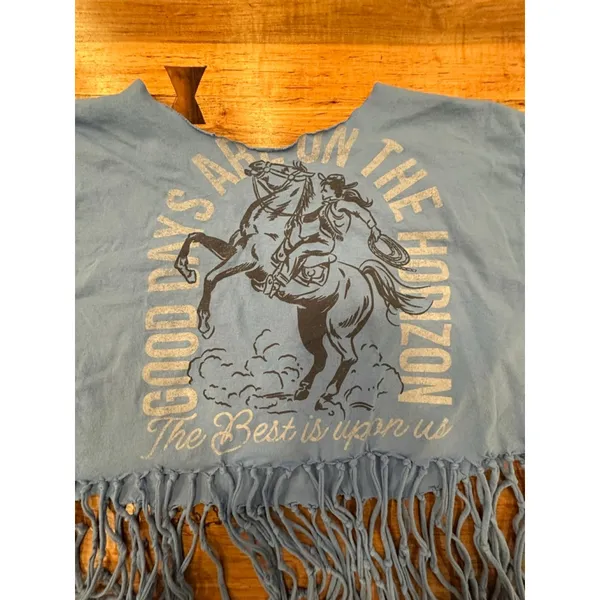 Custom Blue Fringe Cowboy Graphic Crop Top Boho Southwestern Festival Shirt L - Image 9