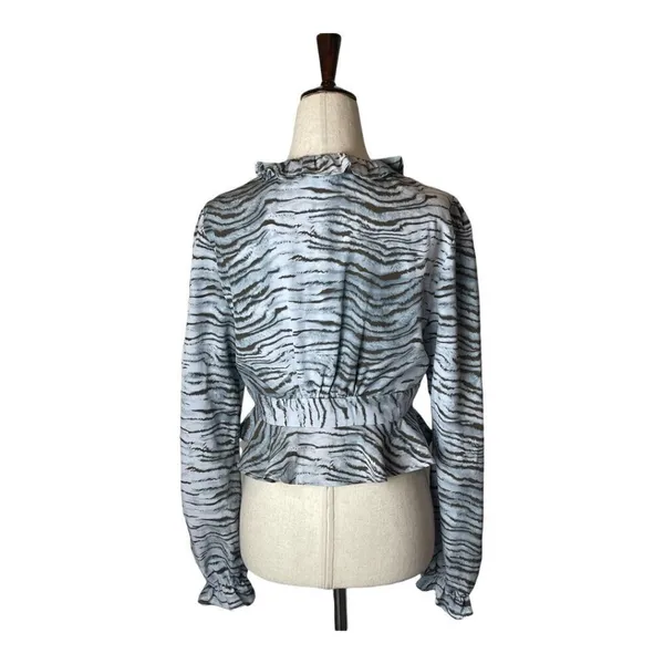 Vintage Havana Blue and Black Animal Print Ruffle Cropped Peplum Blouse‎ XS - Image 2