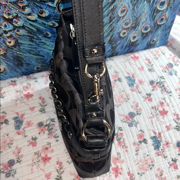 Vintage Coach Sateen Monogram and Leather/Silver Chain Shoulder/Crossbody Bag - Image 4