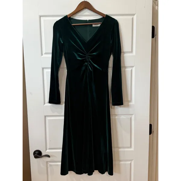 Eliza J Green Dark Velvet Dress Ruched Front Size 2 Fairy Grunge Goth Holiday - Image 2