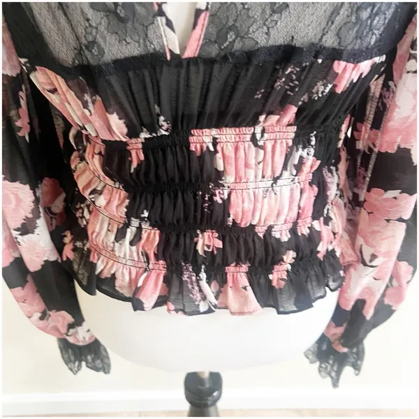 Free People Daphne Floral Blouse Midnight Combo Size Large Black Pink Whimsigoth - Image 7