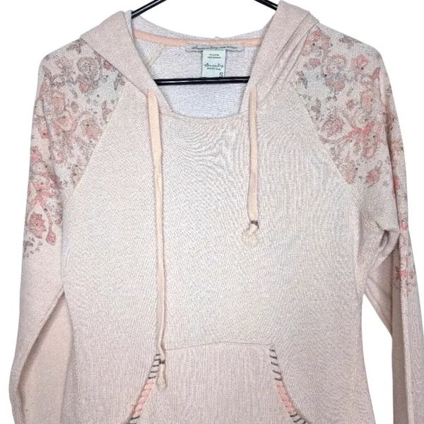 American Rag Cie Womens Pink‎ Floral Embroidered Beaded Knit Hoodie Sweatshirt S - Image 2